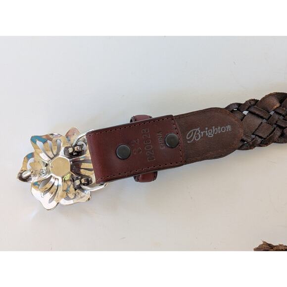 Brighton Dark Brown Braided Leather Belt Women's 32 Silver Flower Buckle S/M - Picture 3 of 5